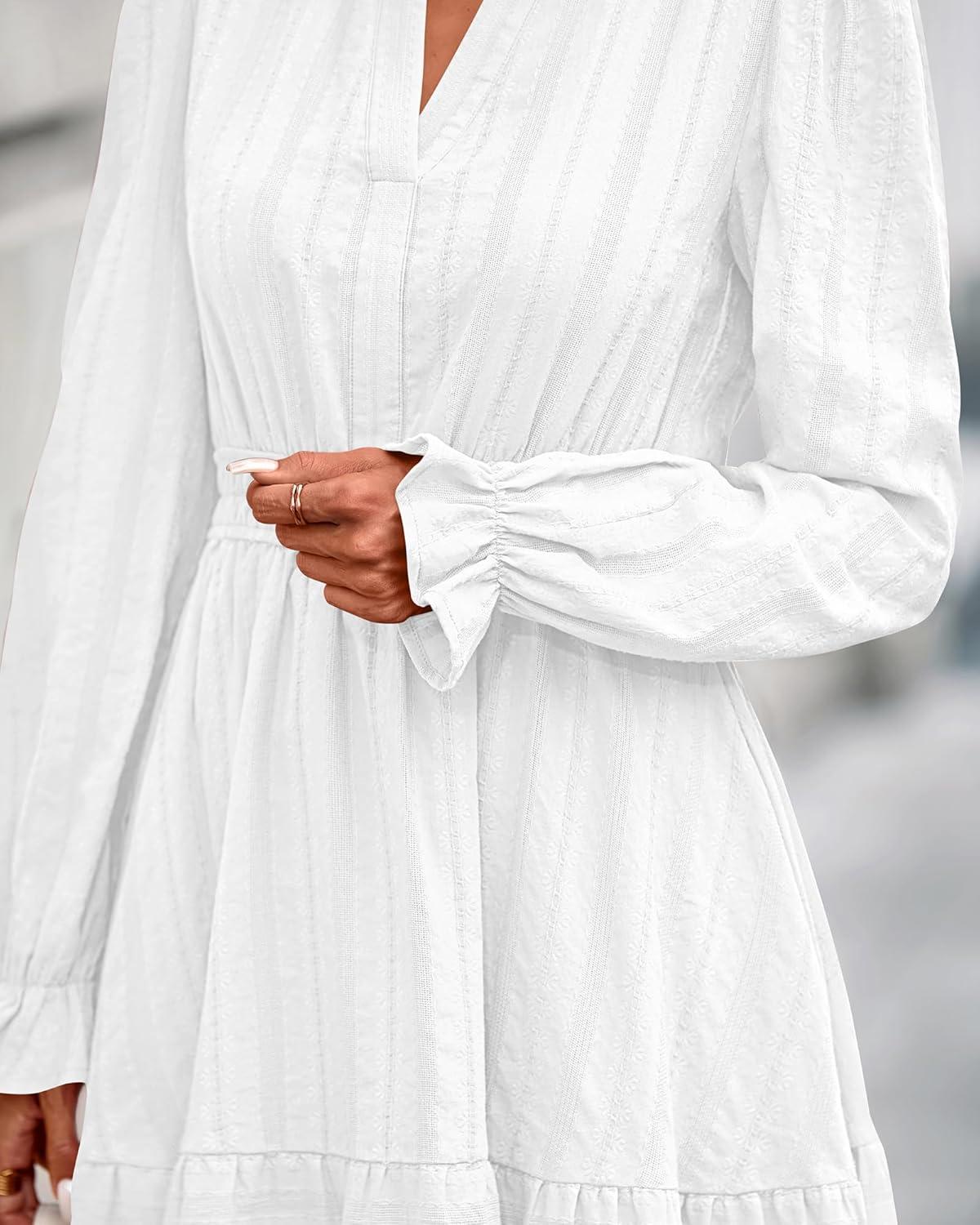 imageBTFBM Mini Dresses for Women 2025 Casual Lightweight Long Sleeve V Neck A Line Elastic Waist Party Holiday DressWhite