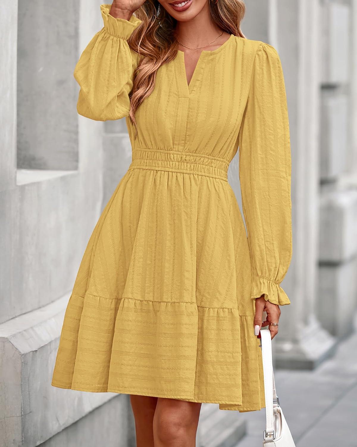 imageBTFBM Mini Dresses for Women 2025 Casual Lightweight Long Sleeve V Neck A Line Elastic Waist Party Holiday DressYellow