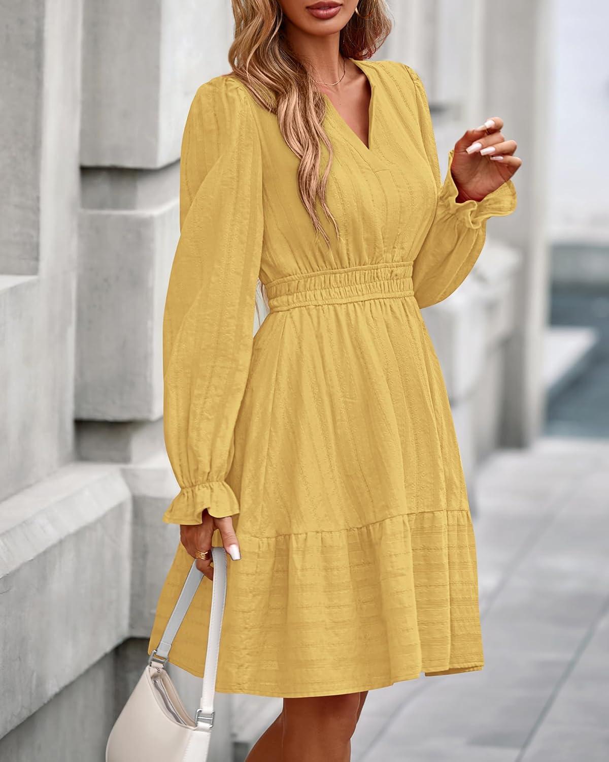 imageBTFBM Mini Dresses for Women 2025 Casual Lightweight Long Sleeve V Neck A Line Elastic Waist Party Holiday DressYellow