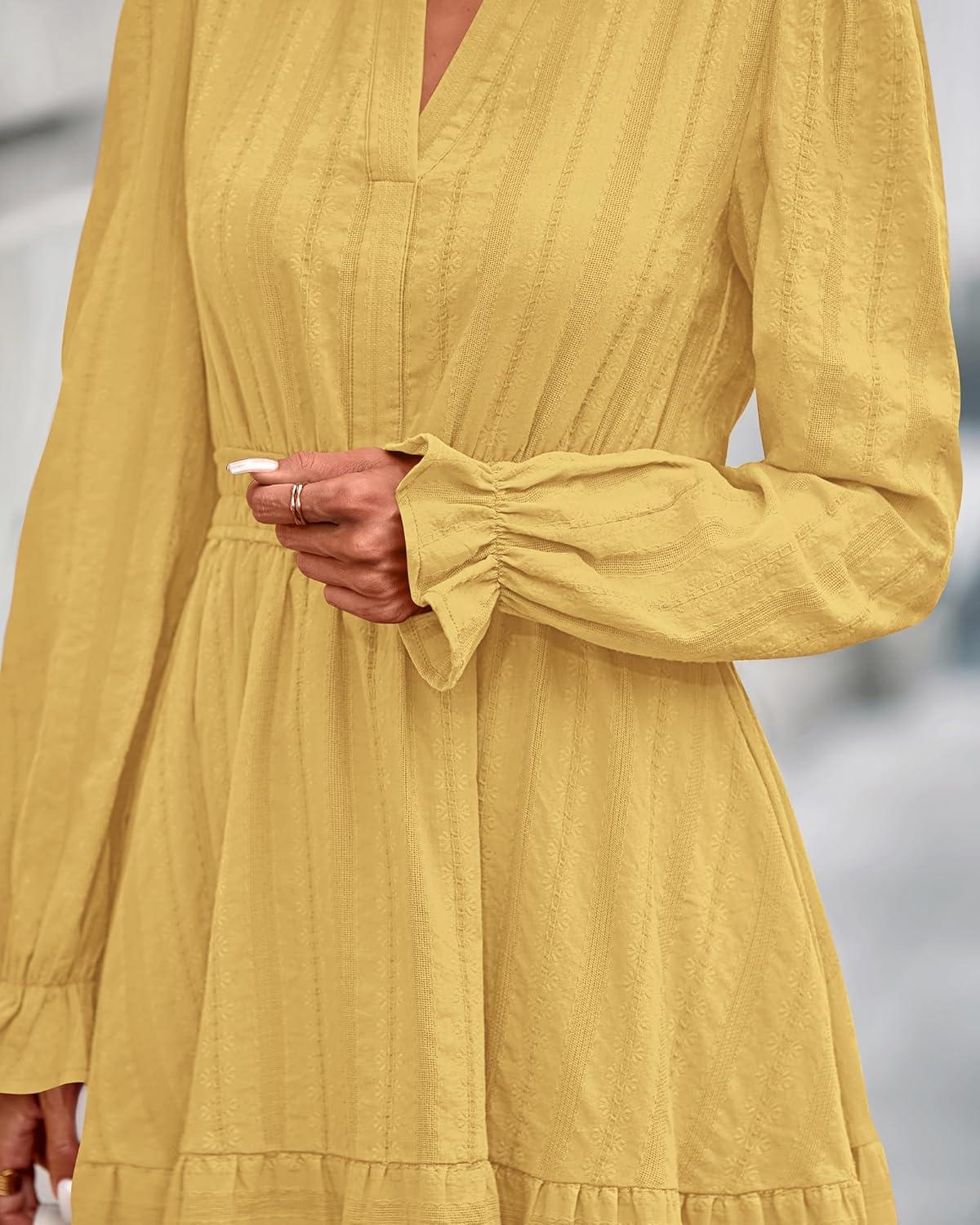 imageBTFBM Mini Dresses for Women 2025 Casual Lightweight Long Sleeve V Neck A Line Elastic Waist Party Holiday DressYellow