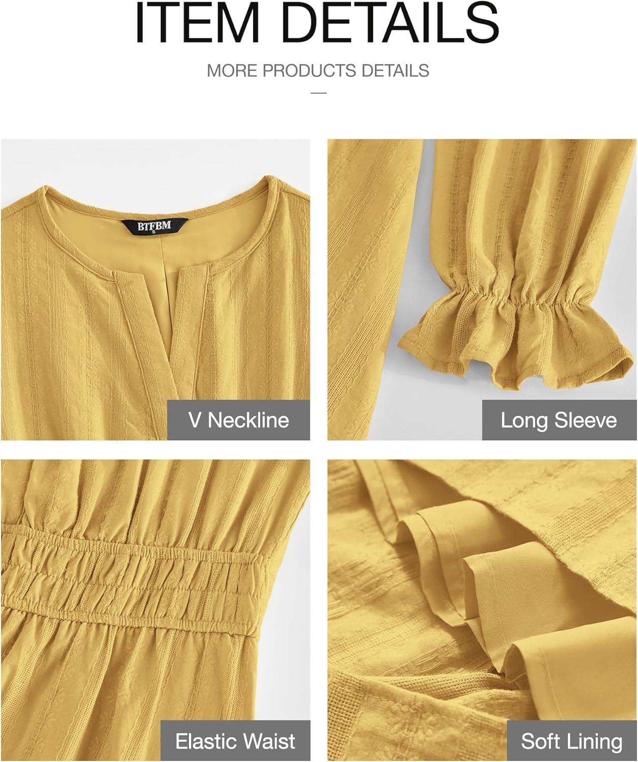 imageBTFBM Mini Dresses for Women 2025 Casual Lightweight Long Sleeve V Neck A Line Elastic Waist Party Holiday DressYellow