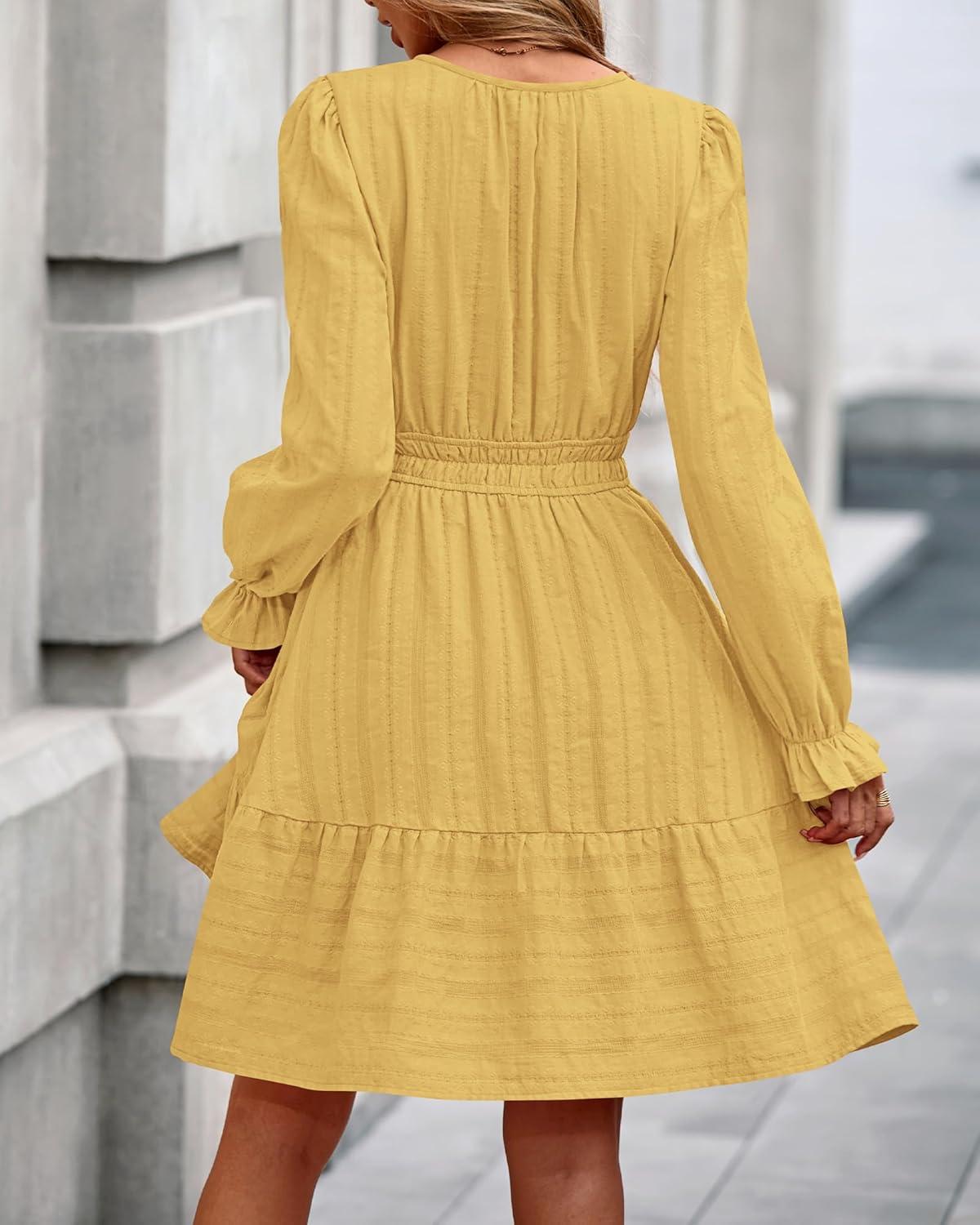 imageBTFBM Mini Dresses for Women 2025 Casual Lightweight Long Sleeve V Neck A Line Elastic Waist Party Holiday DressYellow