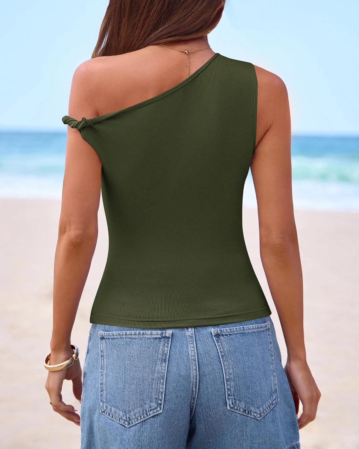 imageBTFBM Off The Shoulder Tops for Women 2026 Cute Summer Casual Sleeveless Slim Fit y2k Spring Outfits Going Out Tank TopArmy Green