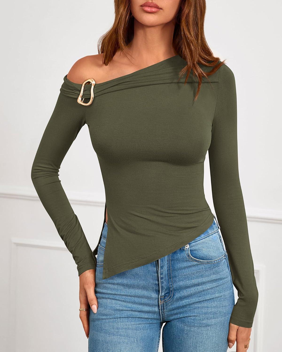 imageBTFBM Off The Shoulder Tops for Women Trendy 2025 Asymmetrical Long Sleeve Fitted Fall Going Out Top Y2K ClothesArmy Green