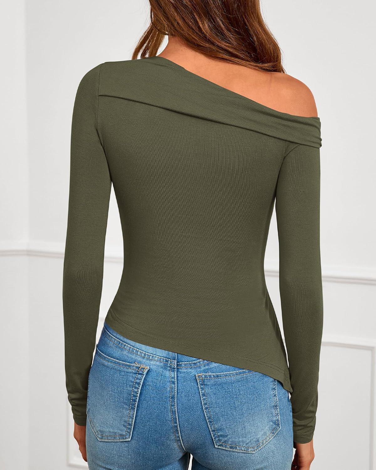 imageBTFBM Off The Shoulder Tops for Women Trendy 2025 Asymmetrical Long Sleeve Fitted Fall Going Out Top Y2K ClothesArmy Green
