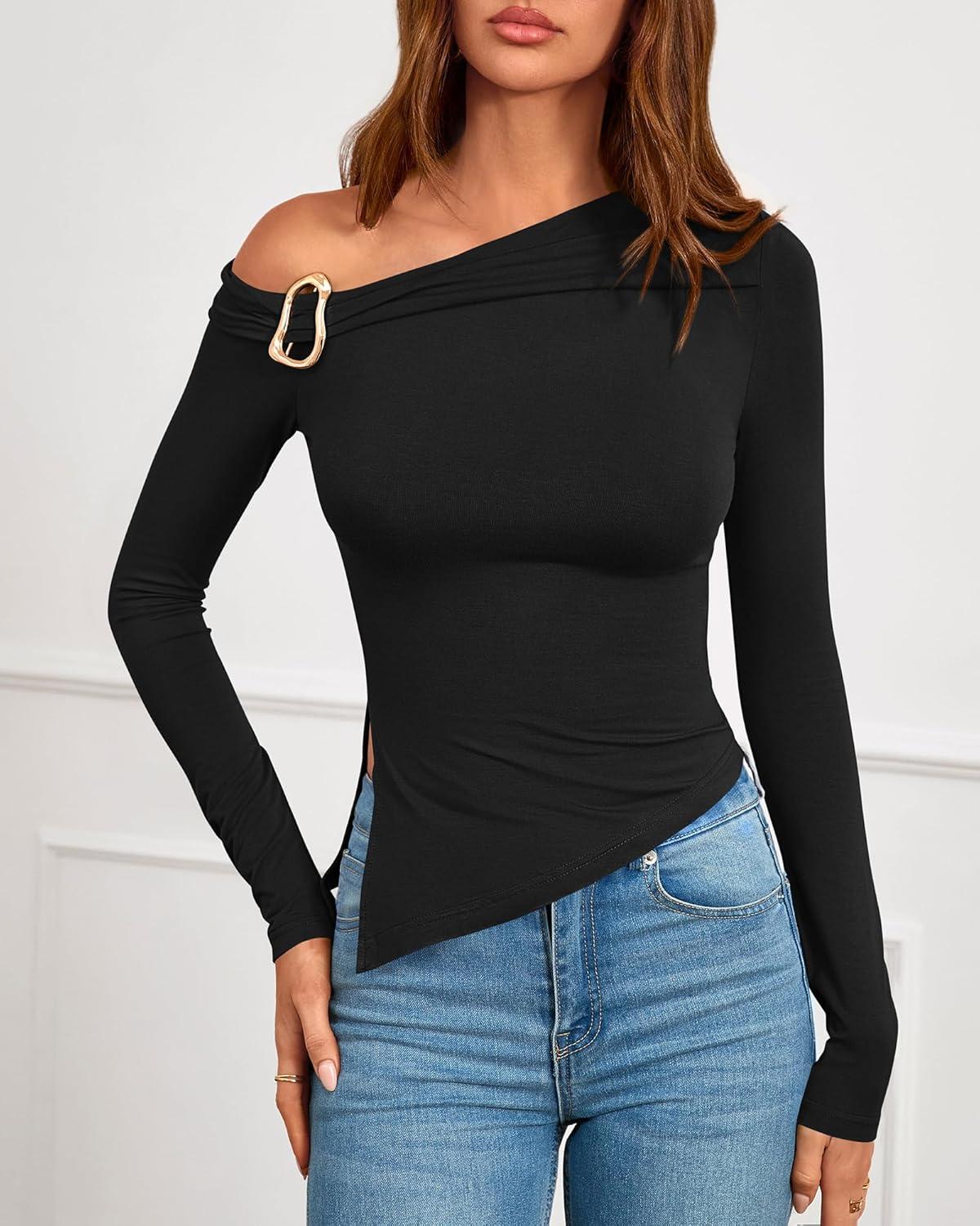 imageBTFBM Off The Shoulder Tops for Women Trendy 2025 Asymmetrical Long Sleeve Fitted Fall Going Out Top Y2K ClothesBlack