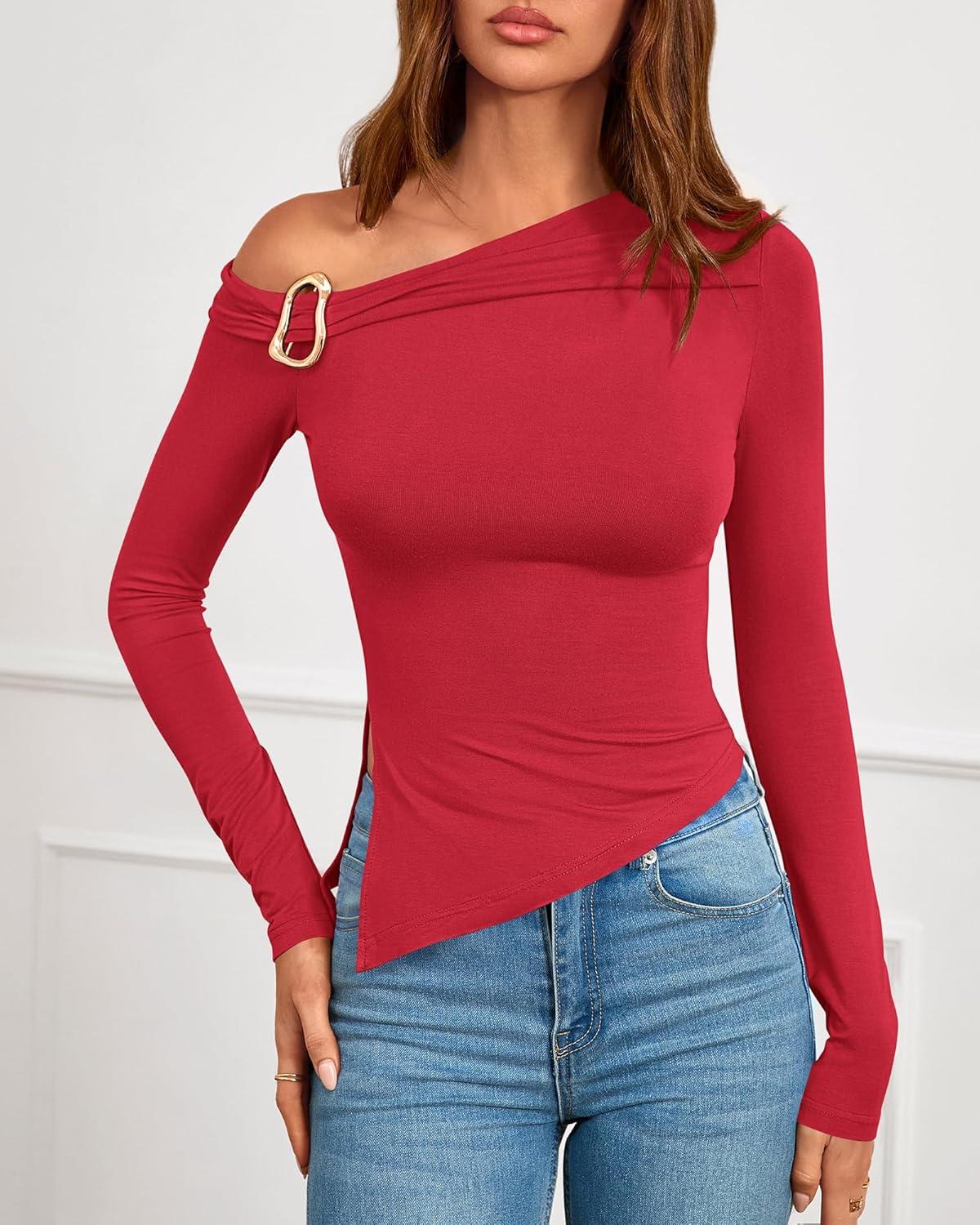 imageBTFBM Off The Shoulder Tops for Women Trendy 2025 Asymmetrical Long Sleeve Fitted Fall Going Out Top Y2K ClothesRed