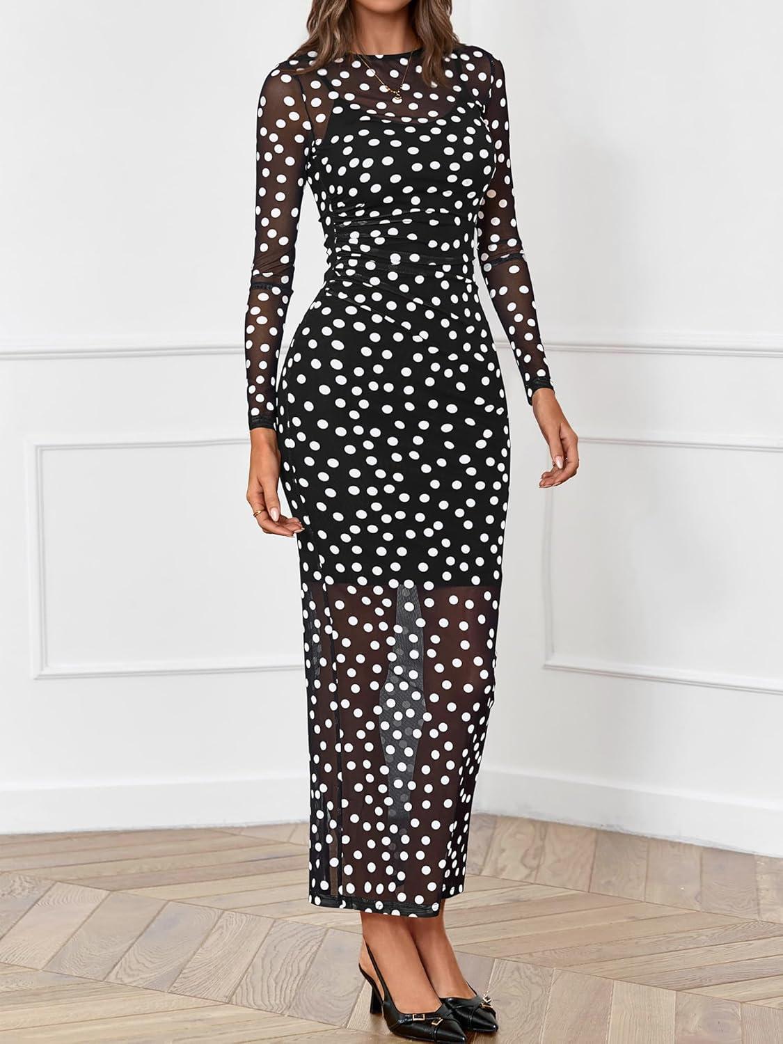 imageBTFBM Spring Dresses for Women 2026 2 Piece Set Long Sleeve Polka Dot Sexy Bodycon Mesh Dress and Slip Dress WeddingBig Dot Black White