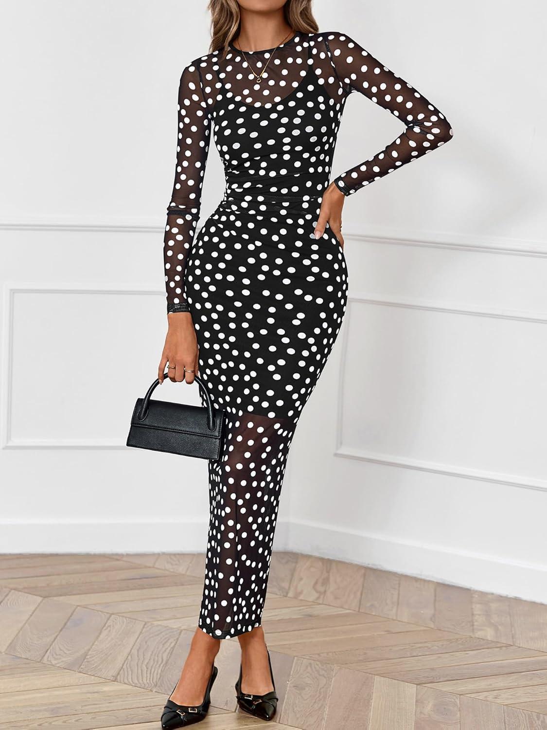 imageBTFBM Spring Dresses for Women 2026 2 Piece Set Long Sleeve Polka Dot Sexy Bodycon Mesh Dress and Slip Dress WeddingBig Dot Black White