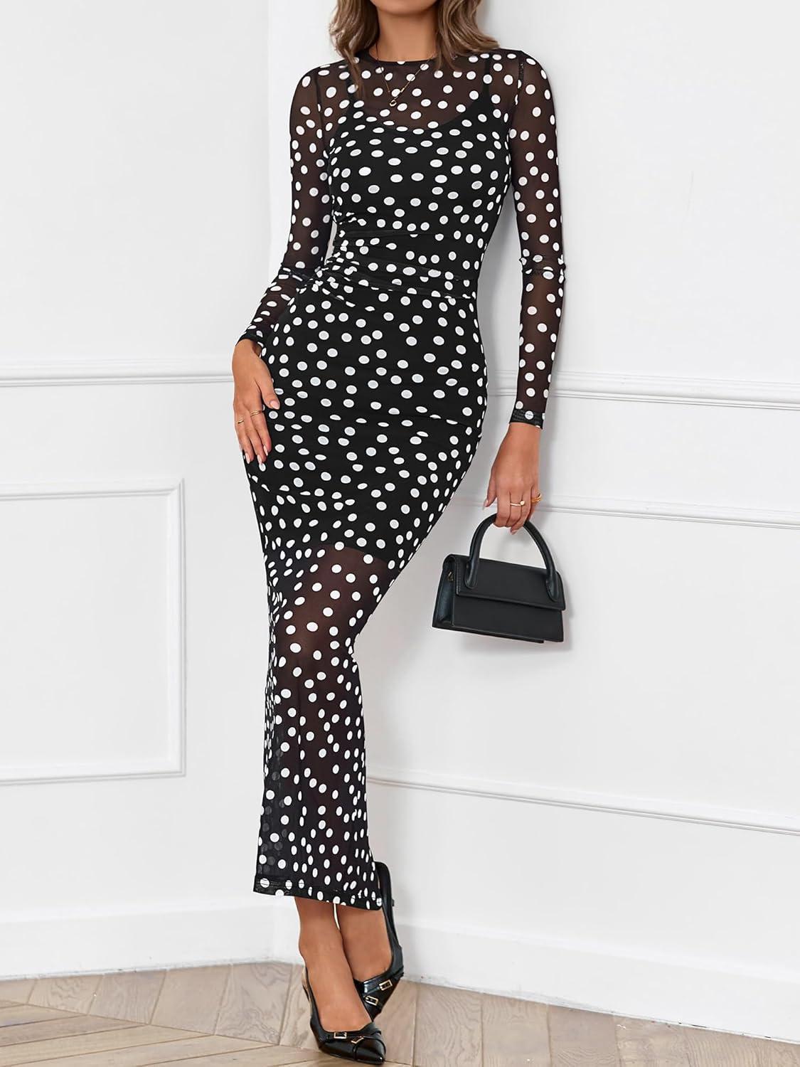 imageBTFBM Spring Dresses for Women 2026 2 Piece Set Long Sleeve Polka Dot Sexy Bodycon Mesh Dress and Slip Dress WeddingBig Dot Black White
