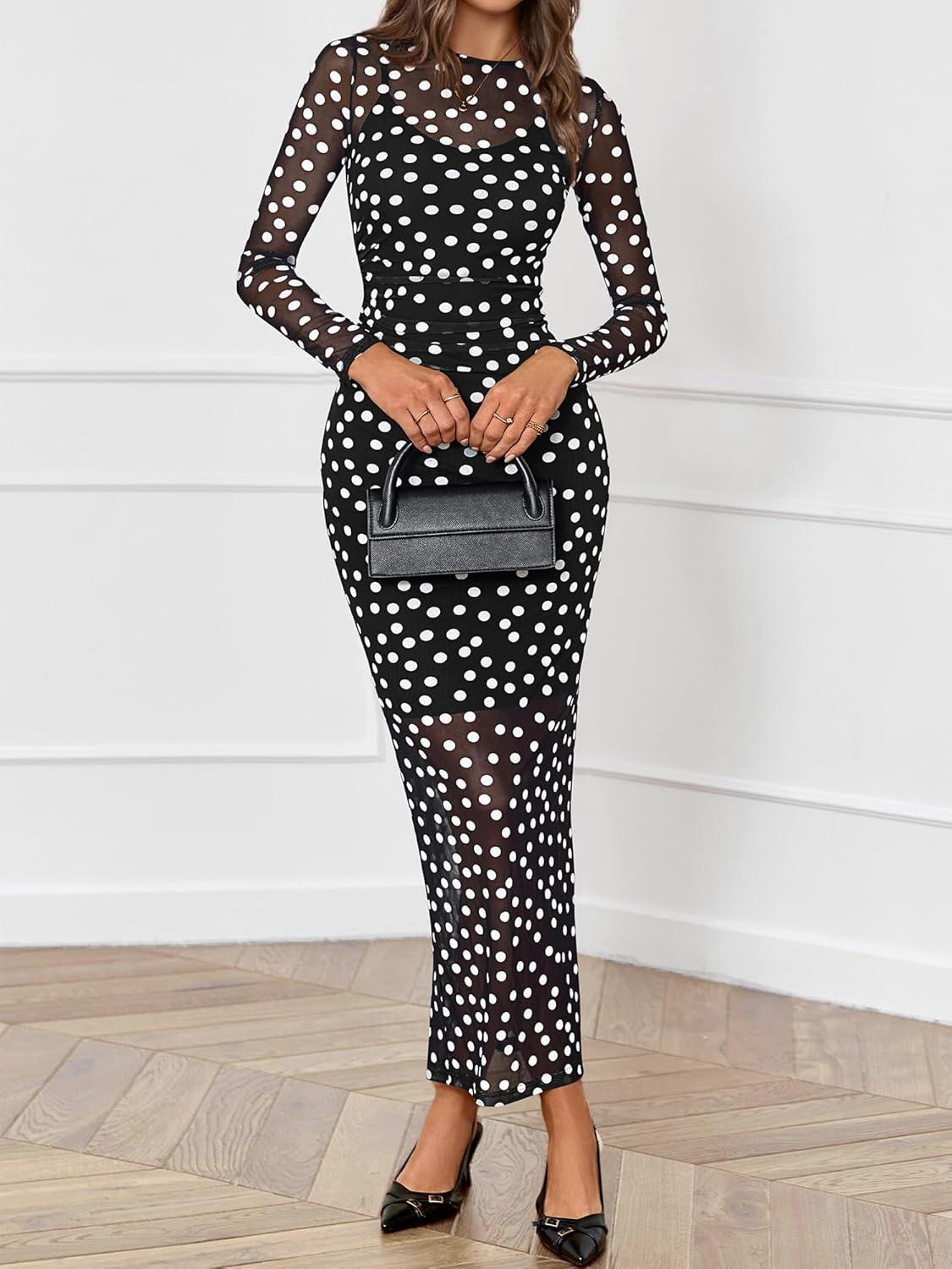 imageBTFBM Spring Dresses for Women 2026 2 Piece Set Long Sleeve Polka Dot Sexy Bodycon Mesh Dress and Slip Dress WeddingBig Dot Black White