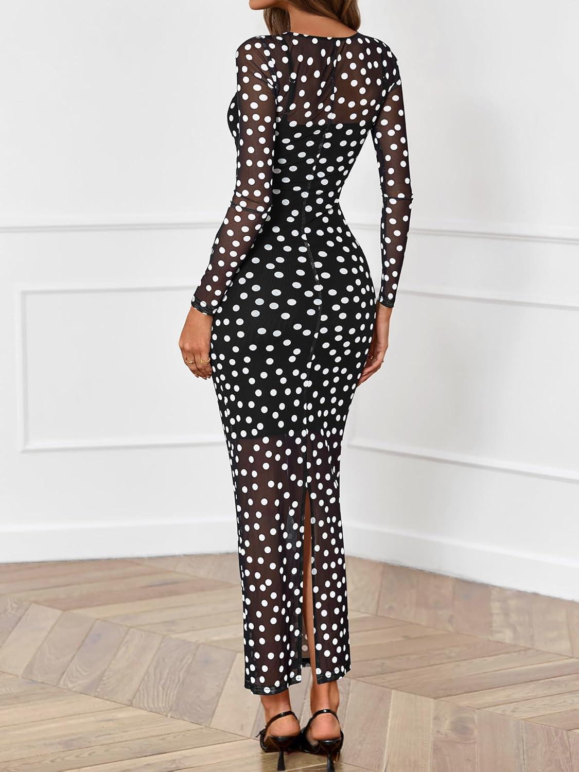 imageBTFBM Spring Dresses for Women 2026 2 Piece Set Long Sleeve Polka Dot Sexy Bodycon Mesh Dress and Slip Dress WeddingBig Dot Black White