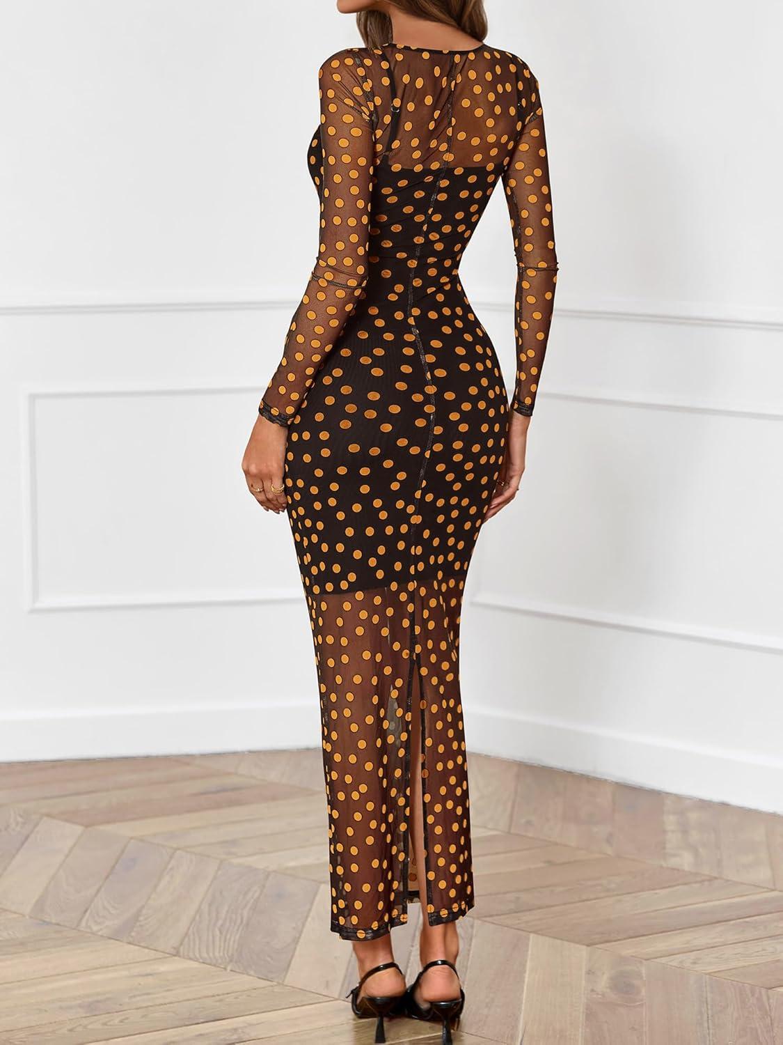 imageBTFBM Spring Dresses for Women 2026 2 Piece Set Long Sleeve Polka Dot Sexy Bodycon Mesh Dress and Slip Dress WeddingBig Dot Black Yellow