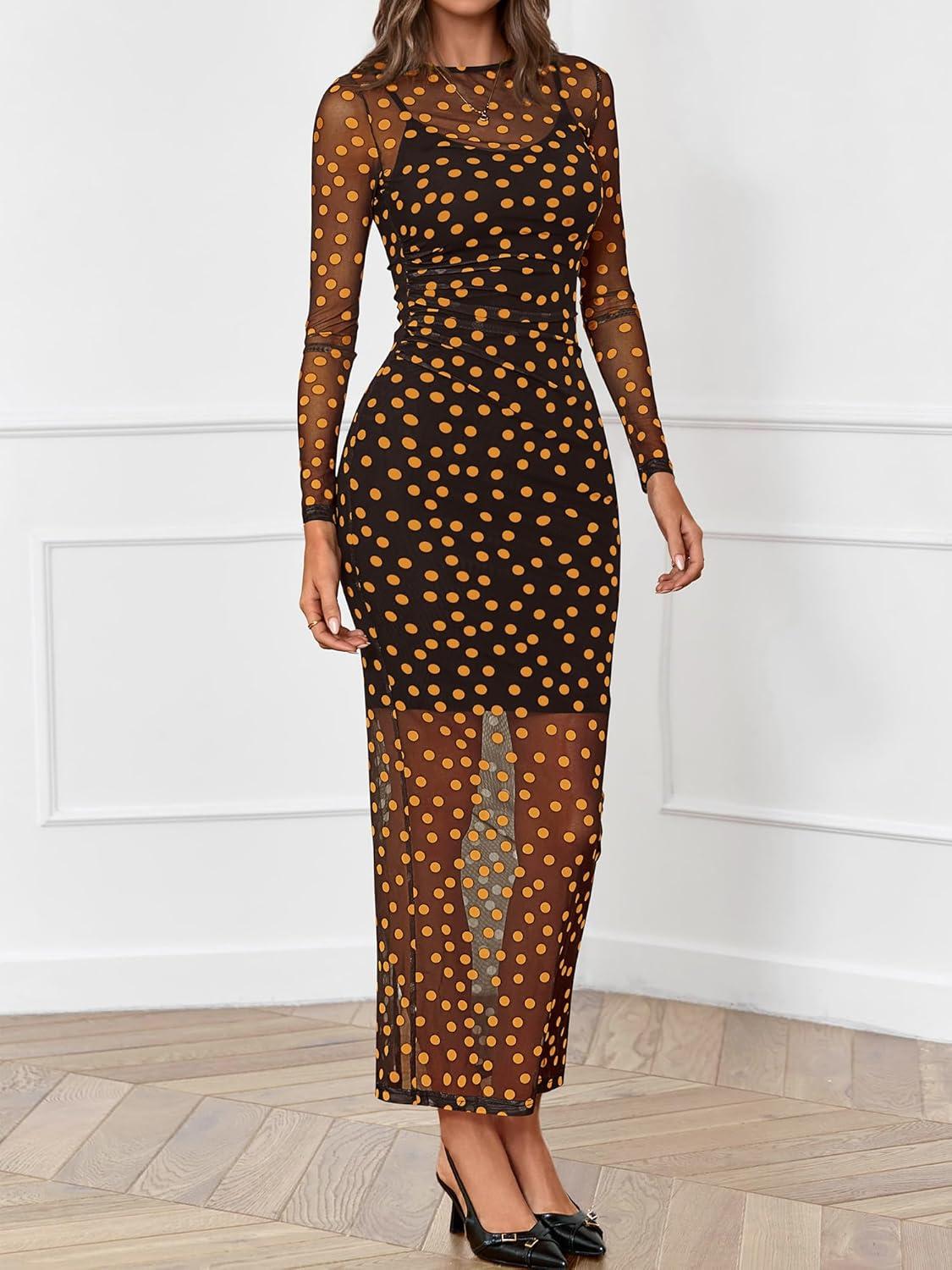 imageBTFBM Spring Dresses for Women 2026 2 Piece Set Long Sleeve Polka Dot Sexy Bodycon Mesh Dress and Slip Dress WeddingBig Dot Black Yellow
