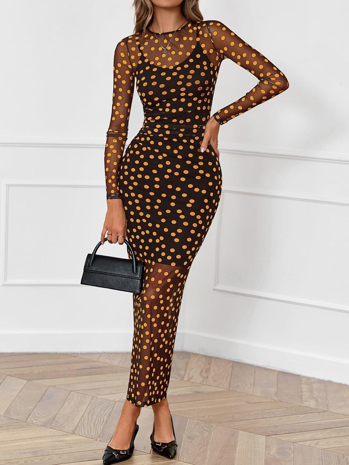imageBTFBM Spring Dresses for Women 2026 2 Piece Set Long Sleeve Polka Dot Sexy Bodycon Mesh Dress and Slip Dress WeddingBig Dot Black Yellow