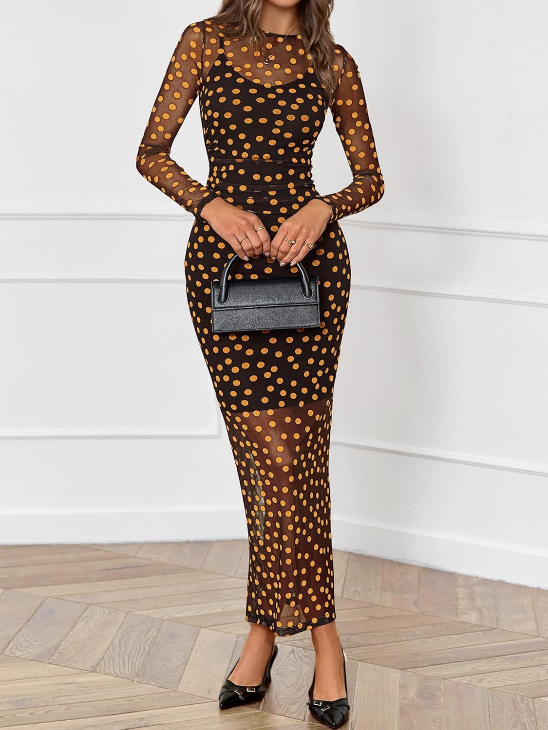 imageBTFBM Spring Dresses for Women 2026 2 Piece Set Long Sleeve Polka Dot Sexy Bodycon Mesh Dress and Slip Dress WeddingBig Dot Black Yellow