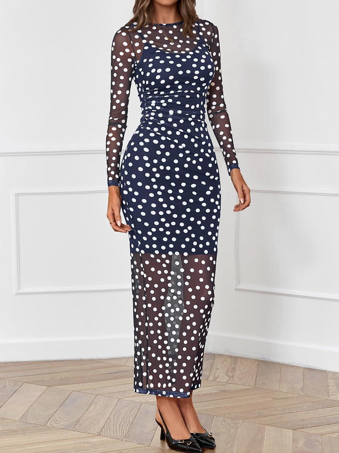 imageBTFBM Spring Dresses for Women 2026 2 Piece Set Long Sleeve Polka Dot Sexy Bodycon Mesh Dress and Slip Dress WeddingBig Dot Navy White