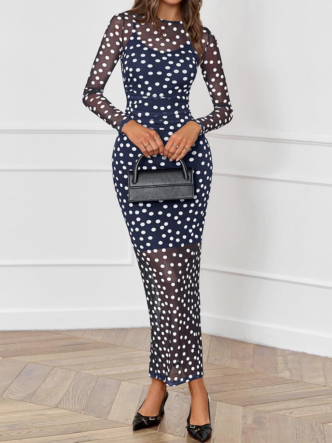 imageBTFBM Spring Dresses for Women 2026 2 Piece Set Long Sleeve Polka Dot Sexy Bodycon Mesh Dress and Slip Dress WeddingBig Dot Navy White