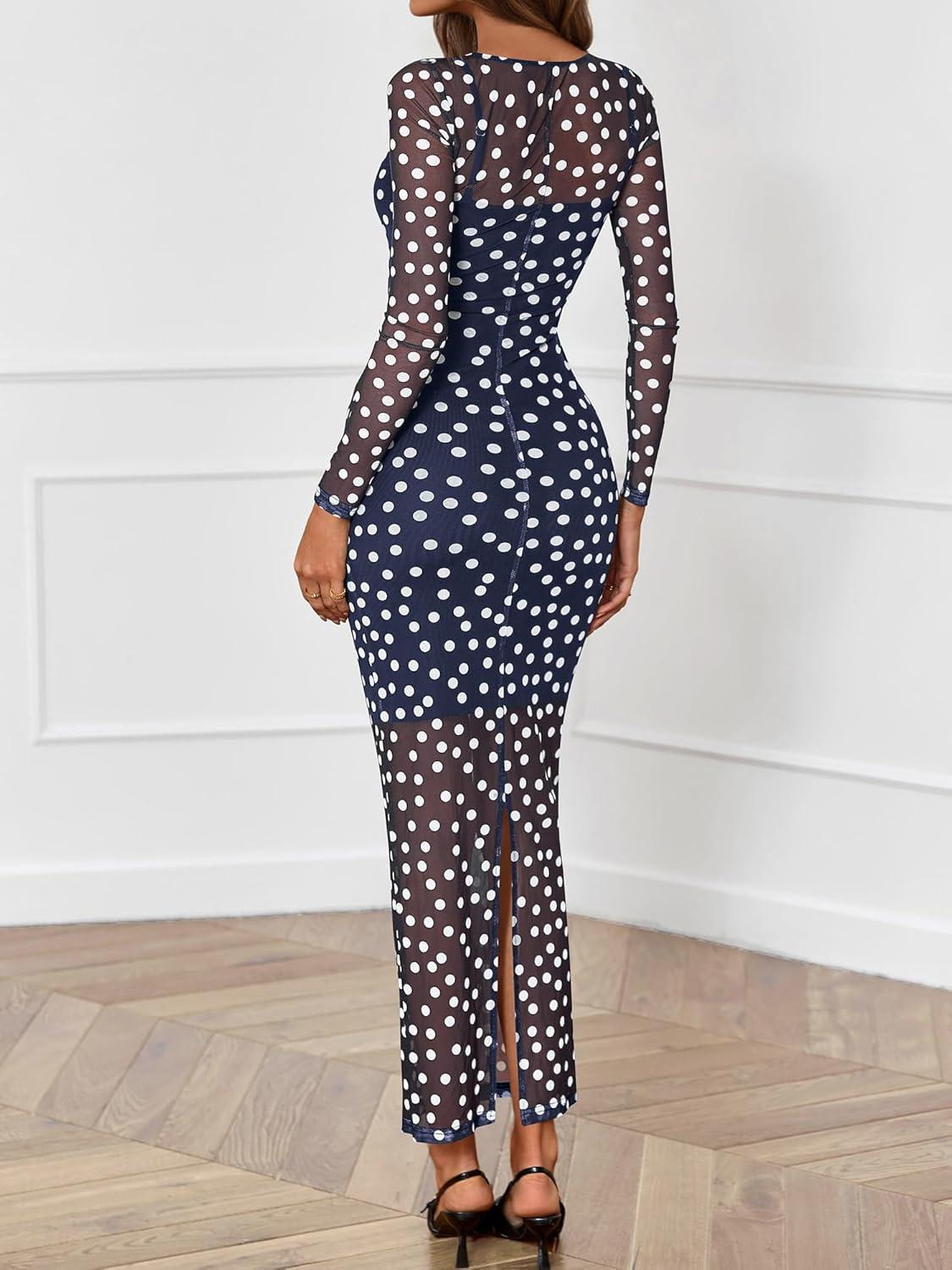 imageBTFBM Spring Dresses for Women 2026 2 Piece Set Long Sleeve Polka Dot Sexy Bodycon Mesh Dress and Slip Dress WeddingBig Dot Navy White