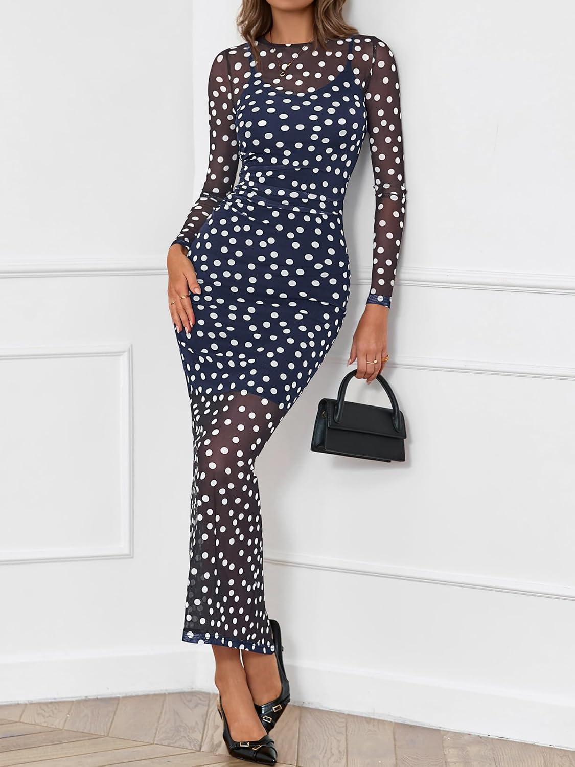 imageBTFBM Spring Dresses for Women 2026 2 Piece Set Long Sleeve Polka Dot Sexy Bodycon Mesh Dress and Slip Dress WeddingBig Dot Navy White