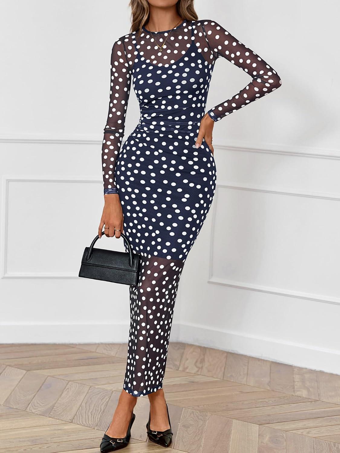 imageBTFBM Spring Dresses for Women 2026 2 Piece Set Long Sleeve Polka Dot Sexy Bodycon Mesh Dress and Slip Dress WeddingBig Dot Navy White