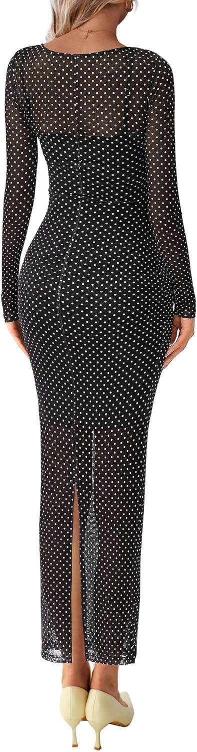 imageBTFBM Spring Dresses for Women 2026 2 Piece Set Long Sleeve Polka Dot Sexy Bodycon Mesh Dress and Slip Dress WeddingSmall Dot Black White