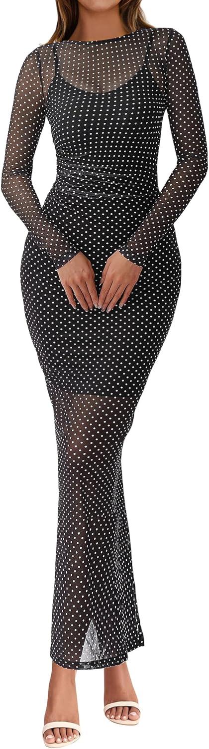 imageBTFBM Spring Dresses for Women 2026 2 Piece Set Long Sleeve Polka Dot Sexy Bodycon Mesh Dress and Slip Dress WeddingSmall Dot Black White