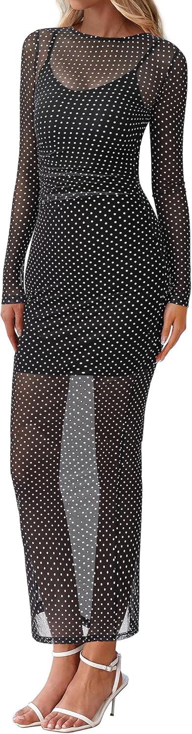 imageBTFBM Spring Dresses for Women 2026 2 Piece Set Long Sleeve Polka Dot Sexy Bodycon Mesh Dress and Slip Dress WeddingSmall Dot Black White