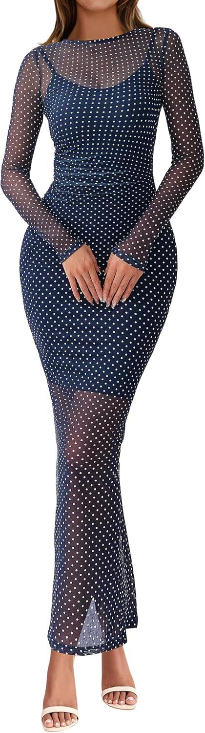 imageBTFBM Spring Dresses for Women 2026 2 Piece Set Long Sleeve Polka Dot Sexy Bodycon Mesh Dress and Slip Dress WeddingSmall Dot Navy White
