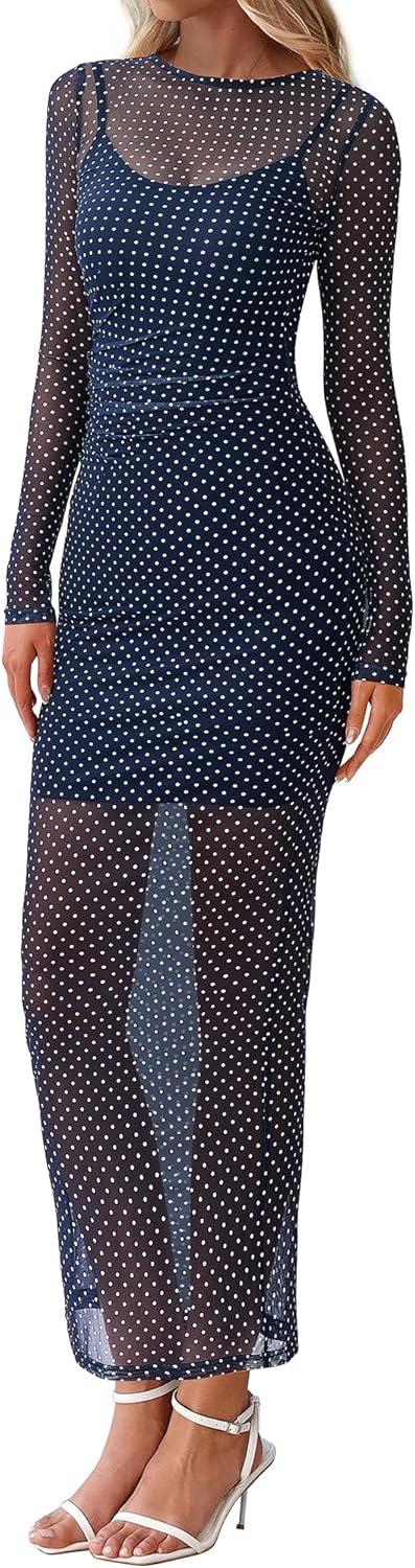 imageBTFBM Spring Dresses for Women 2026 2 Piece Set Long Sleeve Polka Dot Sexy Bodycon Mesh Dress and Slip Dress WeddingSmall Dot Navy White