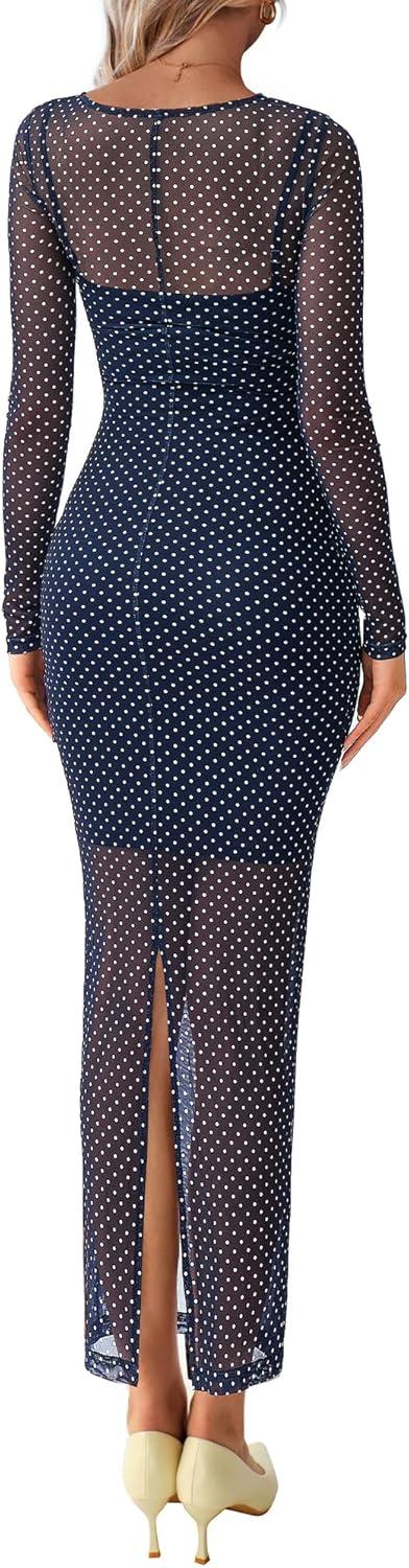 imageBTFBM Spring Dresses for Women 2026 2 Piece Set Long Sleeve Polka Dot Sexy Bodycon Mesh Dress and Slip Dress WeddingSmall Dot Navy White