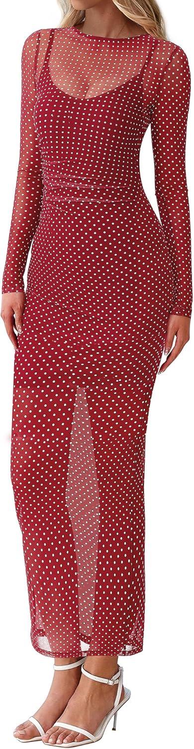 imageBTFBM Spring Dresses for Women 2026 2 Piece Set Long Sleeve Polka Dot Sexy Bodycon Mesh Dress and Slip Dress WeddingSmall Dot Red White