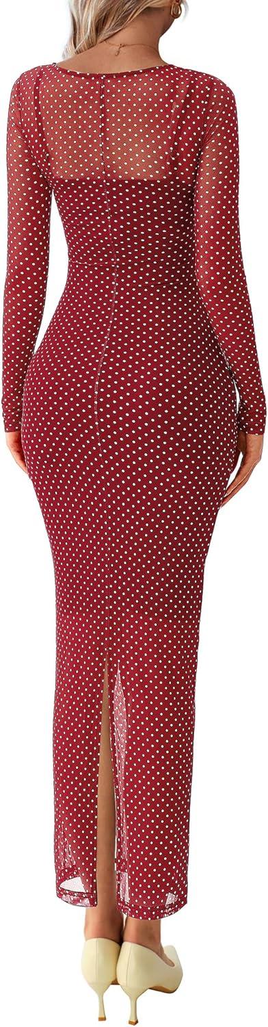 imageBTFBM Spring Dresses for Women 2026 2 Piece Set Long Sleeve Polka Dot Sexy Bodycon Mesh Dress and Slip Dress WeddingSmall Dot Red White