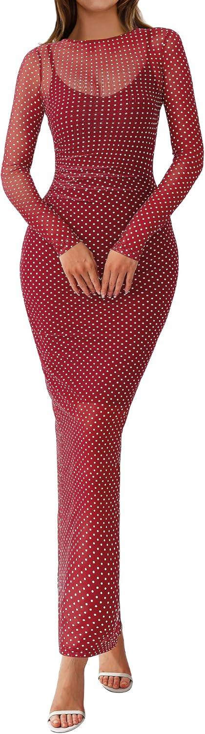 imageBTFBM Spring Dresses for Women 2026 2 Piece Set Long Sleeve Polka Dot Sexy Bodycon Mesh Dress and Slip Dress WeddingSmall Dot Red White
