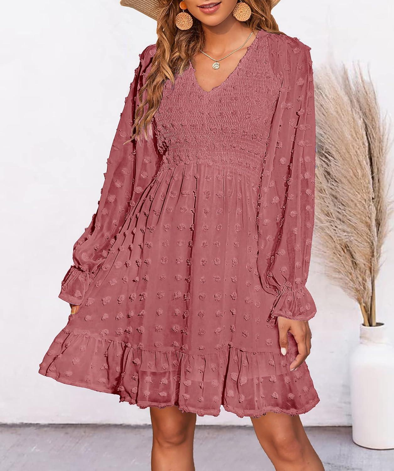 imageBTFBM Spring Dresses for Women 2026 Long Sleeve Casual V Neck Swiss Dot Smocked Ruffle Chiffon Flowy Mini Summer DressBean Paste Red