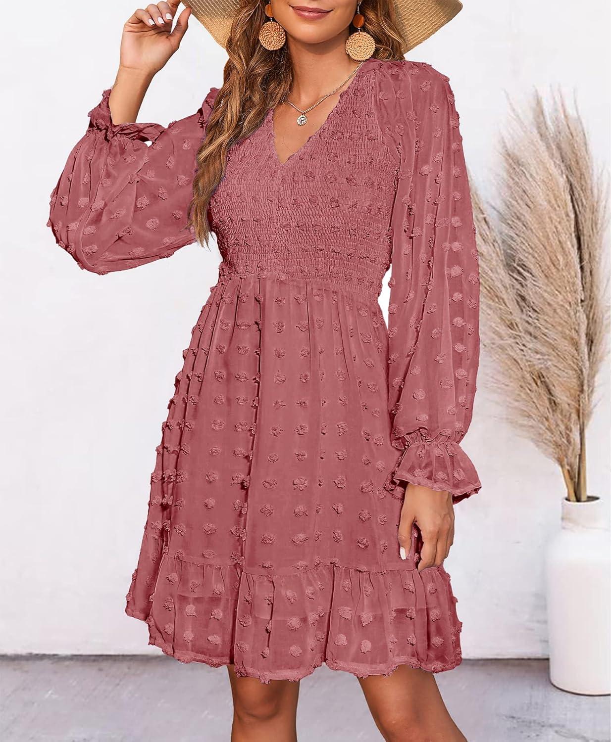 imageBTFBM Spring Dresses for Women 2026 Long Sleeve Casual V Neck Swiss Dot Smocked Ruffle Chiffon Flowy Mini Summer DressBean Paste Red