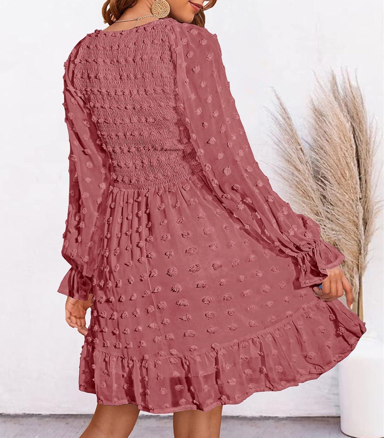 imageBTFBM Spring Dresses for Women 2026 Long Sleeve Casual V Neck Swiss Dot Smocked Ruffle Chiffon Flowy Mini Summer DressBean Paste Red