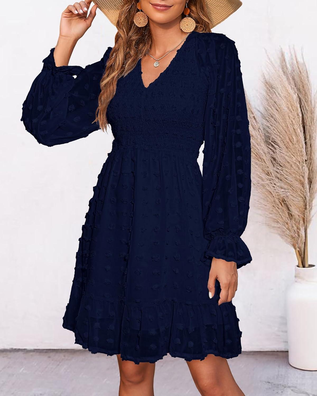 imageBTFBM Spring Dresses for Women 2026 Long Sleeve Casual V Neck Swiss Dot Smocked Ruffle Chiffon Flowy Mini Summer DressNavy