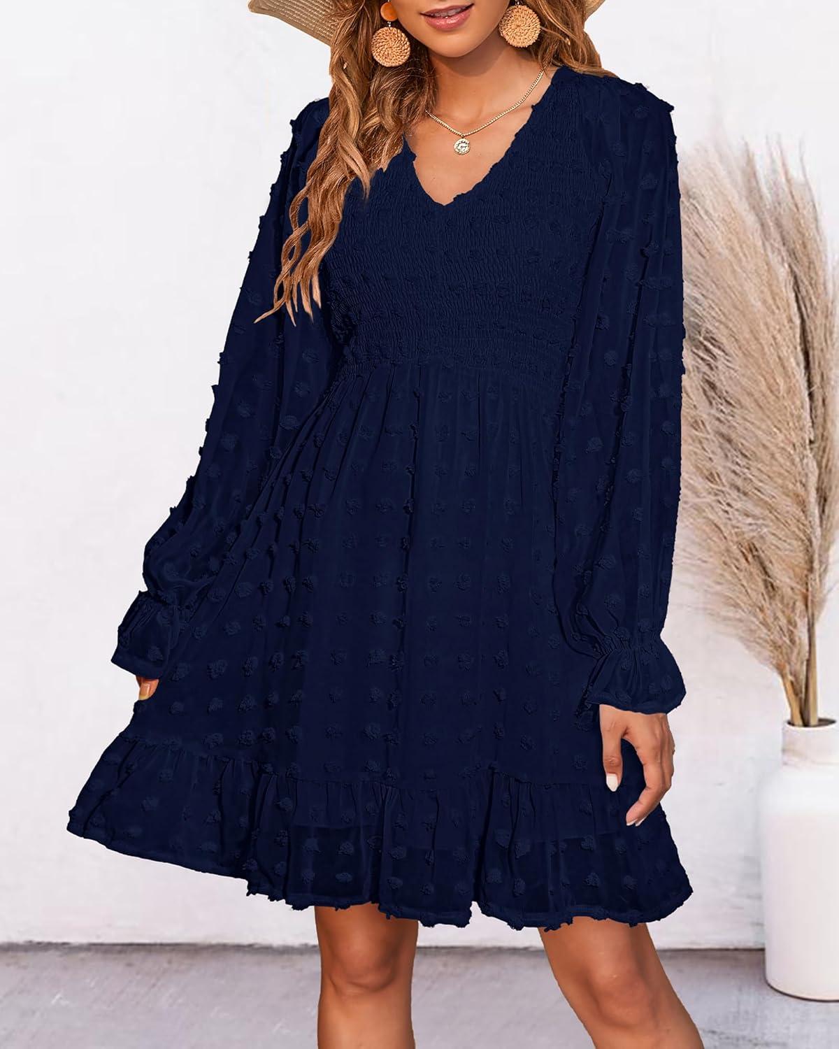 imageBTFBM Spring Dresses for Women 2026 Long Sleeve Casual V Neck Swiss Dot Smocked Ruffle Chiffon Flowy Mini Summer DressNavy