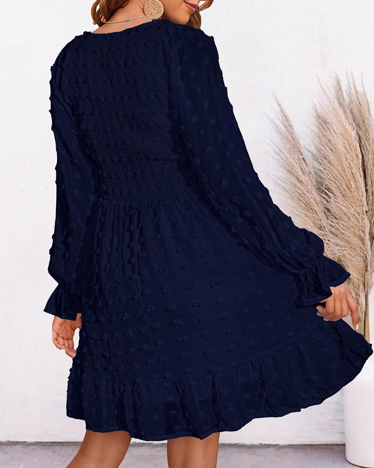 imageBTFBM Spring Dresses for Women 2026 Long Sleeve Casual V Neck Swiss Dot Smocked Ruffle Chiffon Flowy Mini Summer DressNavy