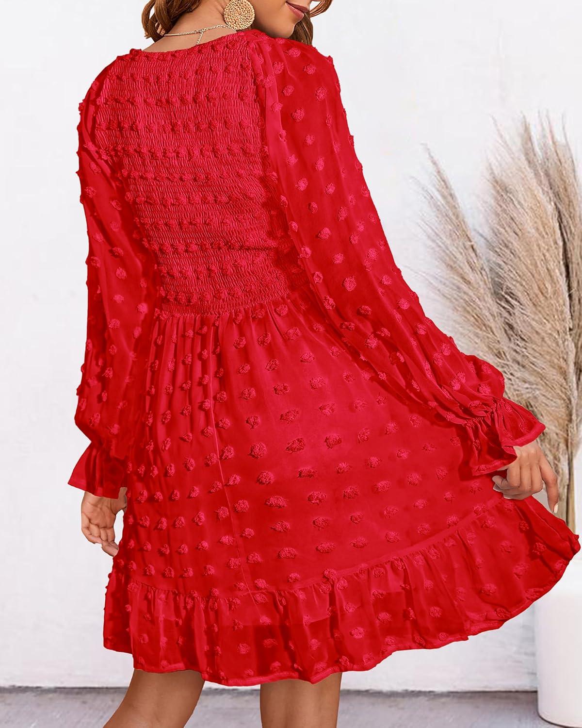 imageBTFBM Spring Dresses for Women 2026 Long Sleeve Casual V Neck Swiss Dot Smocked Ruffle Chiffon Flowy Mini Summer DressRed
