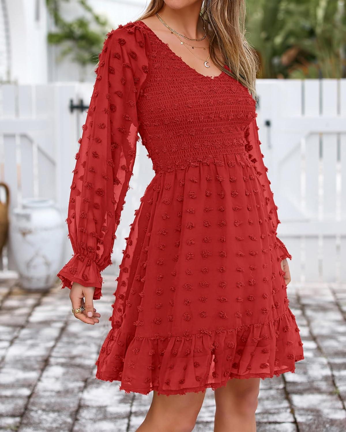 imageBTFBM Spring Dresses for Women 2026 Long Sleeve Casual V Neck Swiss Dot Smocked Ruffle Chiffon Flowy Mini Summer DressRed