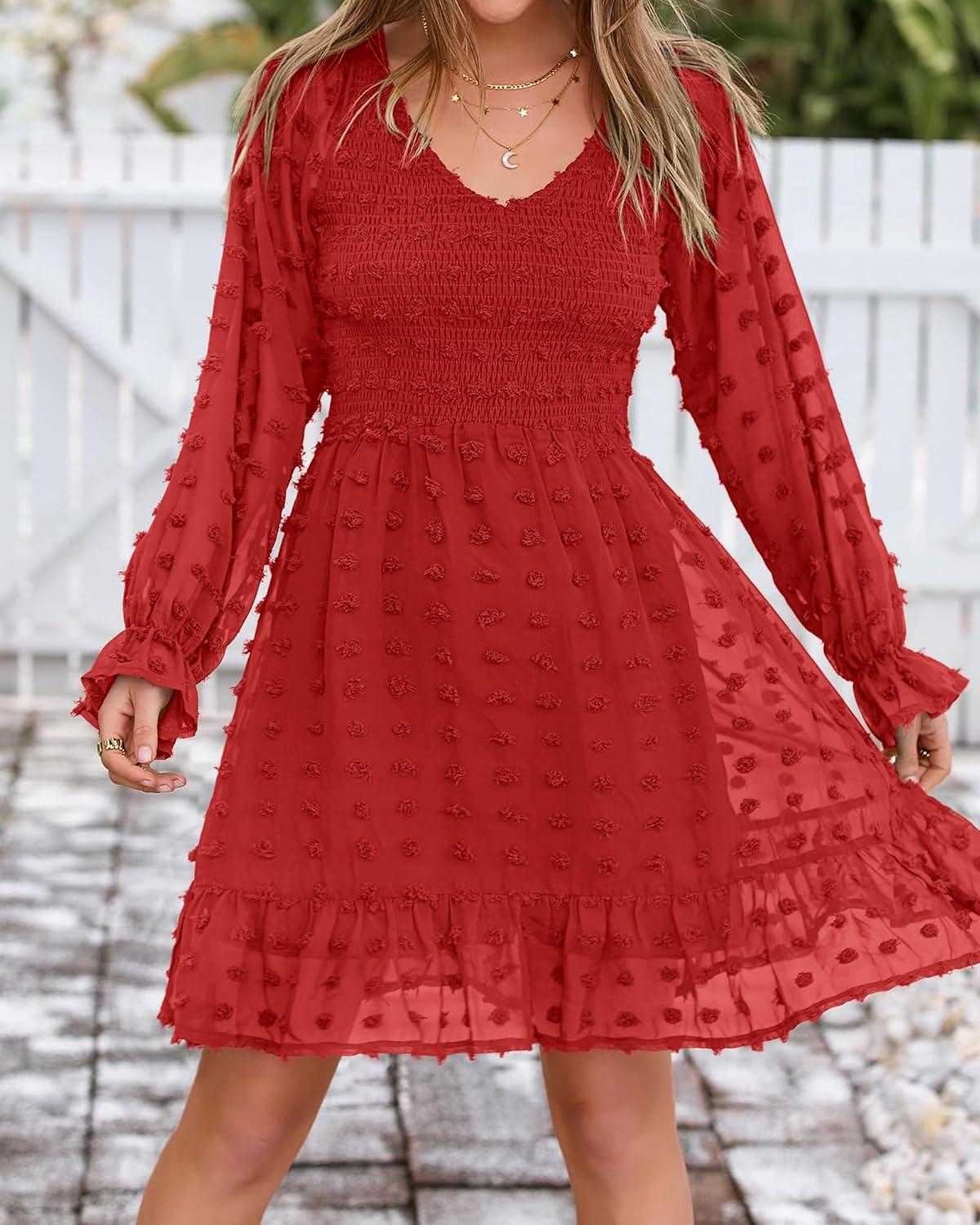 imageBTFBM Spring Dresses for Women 2026 Long Sleeve Casual V Neck Swiss Dot Smocked Ruffle Chiffon Flowy Mini Summer DressRed