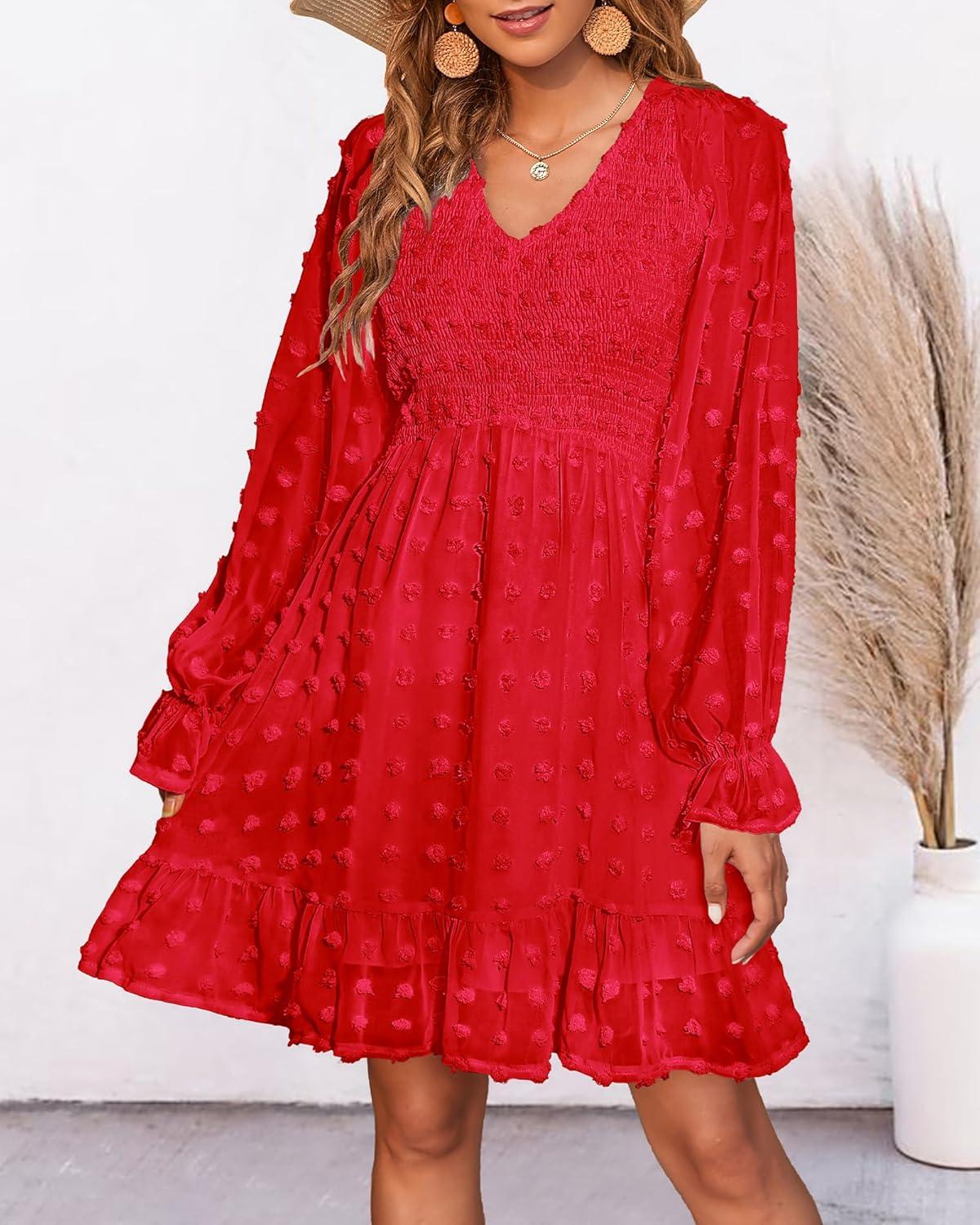 imageBTFBM Spring Dresses for Women 2026 Long Sleeve Casual V Neck Swiss Dot Smocked Ruffle Chiffon Flowy Mini Summer DressRed