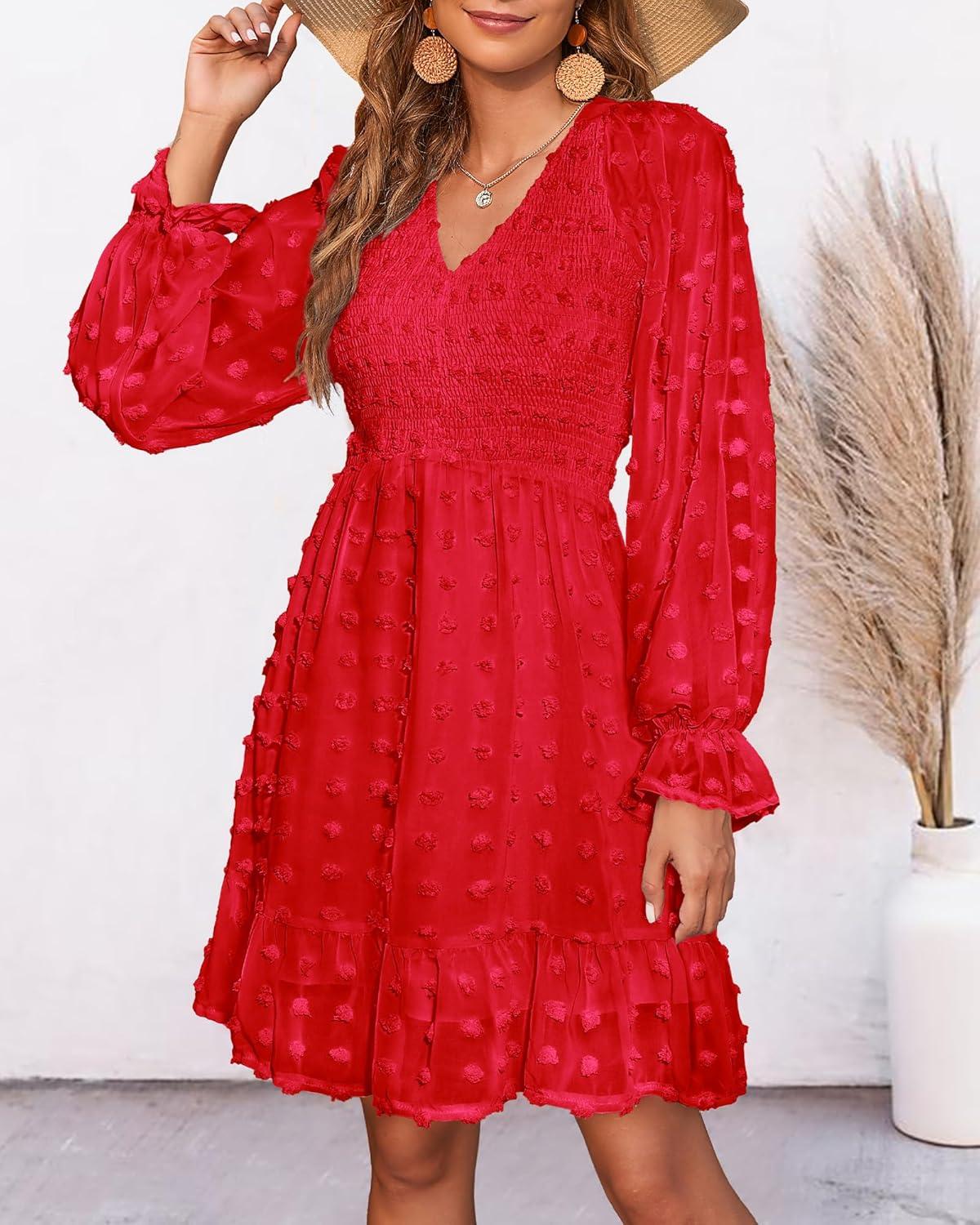 imageBTFBM Spring Dresses for Women 2026 Long Sleeve Casual V Neck Swiss Dot Smocked Ruffle Chiffon Flowy Mini Summer DressRed