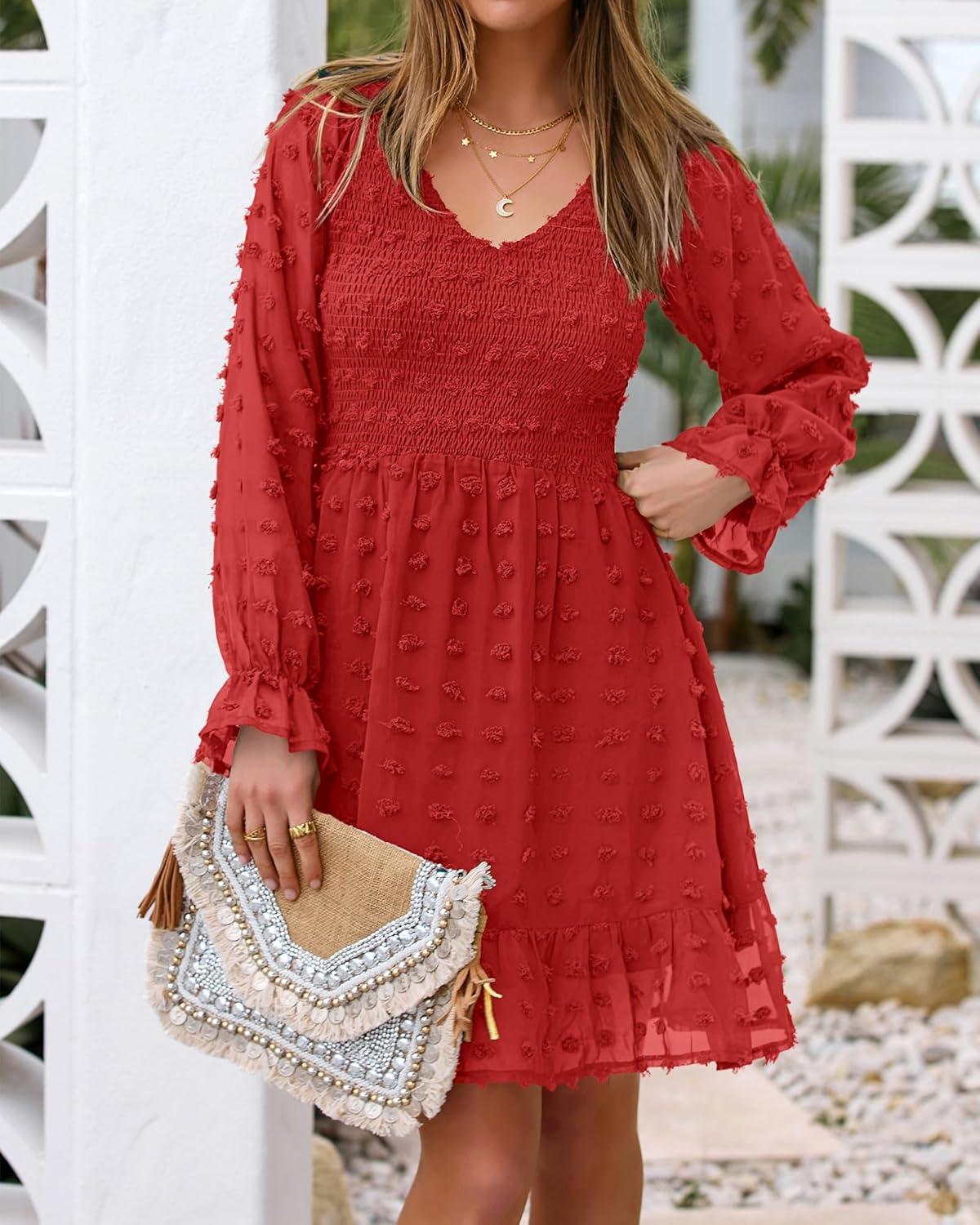 imageBTFBM Spring Dresses for Women 2026 Long Sleeve Casual V Neck Swiss Dot Smocked Ruffle Chiffon Flowy Mini Summer DressRed