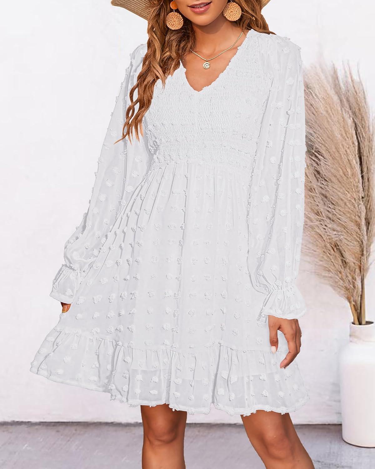 imageBTFBM Spring Dresses for Women 2026 Long Sleeve Casual V Neck Swiss Dot Smocked Ruffle Chiffon Flowy Mini Summer DressWhite