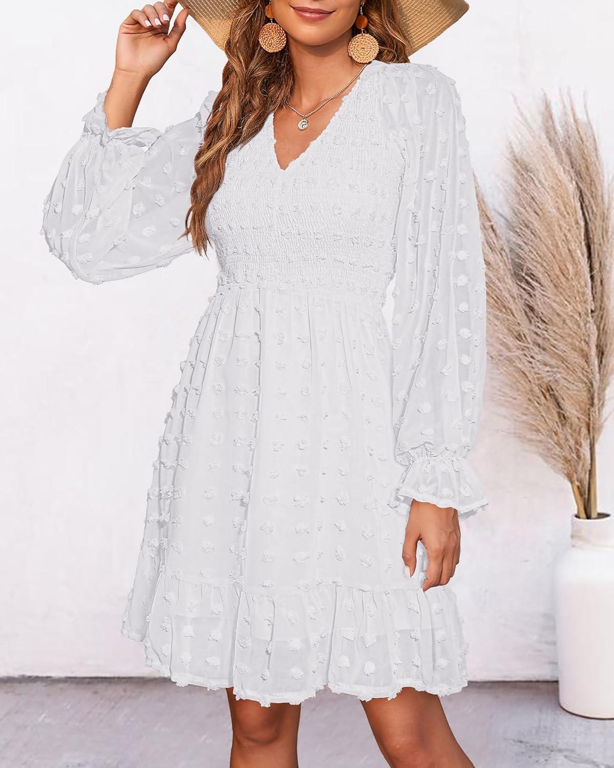 imageBTFBM Spring Dresses for Women 2026 Long Sleeve Casual V Neck Swiss Dot Smocked Ruffle Chiffon Flowy Mini Summer DressWhite