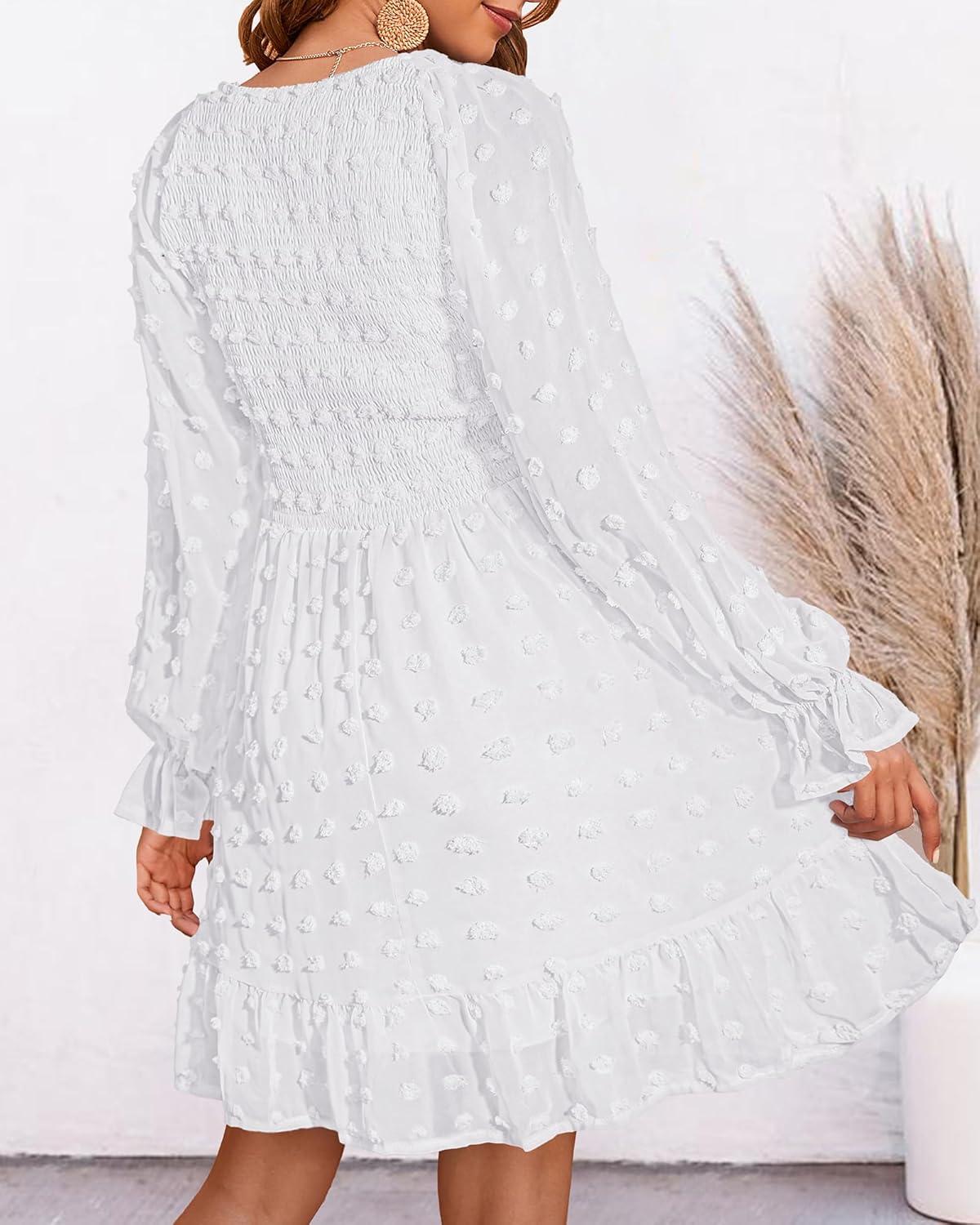 imageBTFBM Spring Dresses for Women 2026 Long Sleeve Casual V Neck Swiss Dot Smocked Ruffle Chiffon Flowy Mini Summer DressWhite
