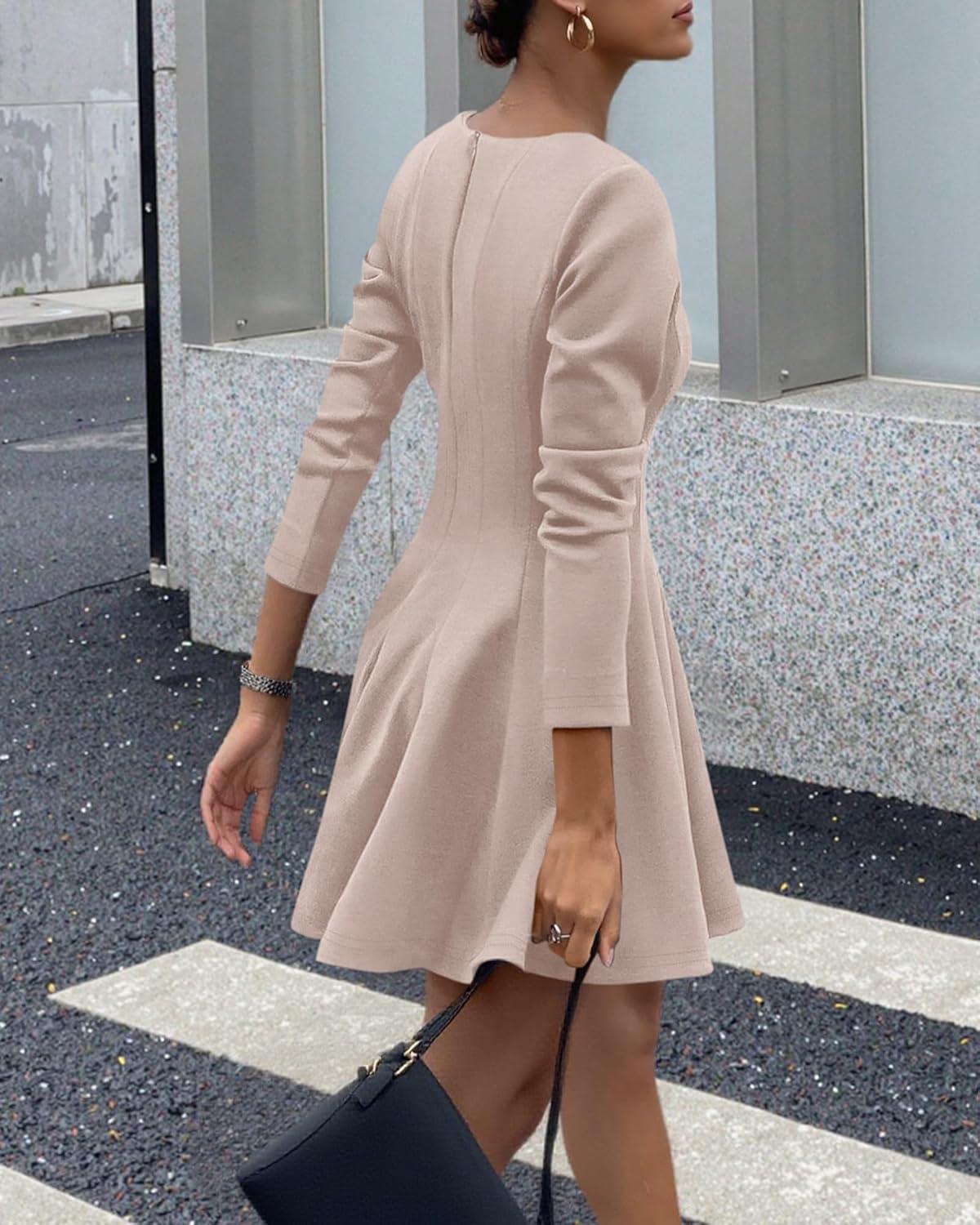 imageBTFBM Spring Dresses for Women 2026 Long Sleeve High Waist Pleated Flowy Aline Party Wedding Guest Dress Business CasualBeige